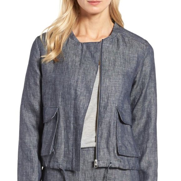 Halogen Jackets & Blazers - Halogen blue white linen zipper bomber jacket L